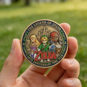 The Legend of Zelda 40th Anniversary Commemorative Coin 6 Hand holding a The Legend of Zelda 40th anniversary commemorative coin with character artwork and 1986 2026 text against a blurred outdoor background.