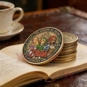 The Legend of Zelda 40th Anniversary Commemorative Coin 7 The Legend of Zelda commemorative coin on an open book next to a coffee cup with a stack of coins behind showing the 40th anniversary 1986 2026 design.