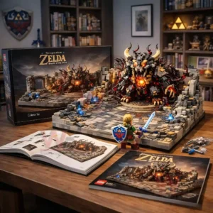 A fantasy building block set arranged on a table featuring a hero with sword confronting a large monster in a detailed arena!