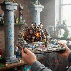 The Legend of Zelda Breath of the Wild Building Block Set 3 Hands holding a fantasy building block scene with a hero figure and a large monster on a stone base!
