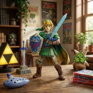 Link figure holding sword and shield displayed on a wooden table with Zelda themed decorations and posters!