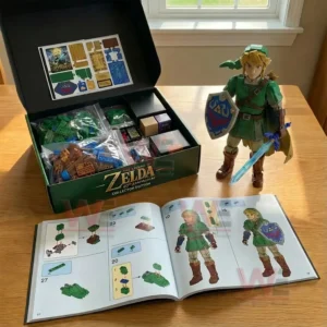 The Legend Of Zelda Link 40Th Anniversary Collector Building Brick Edition 4 Zelda building brick set with open box instruction manual and assembled Link figure on a table!