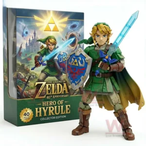 The Legend Of Zelda Link 40Th Anniversary Collector Building Brick Edition 5 Collector edition Link figure standing beside a Zelda themed display box!