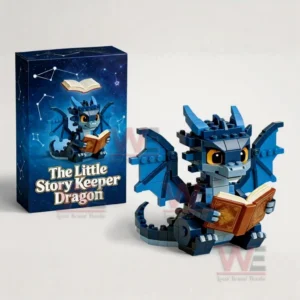 Blue building block dragon reading a book next to a decorative story themed product box!