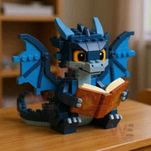 The Little Story Keeper Dragon Building Block Set 6 Blue dragon building block figure holding an open book on a wooden table!