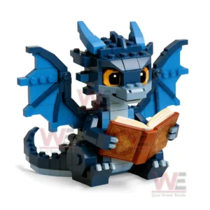 The Little Story Keeper Dragon Building Block Set 7 Blue building block dragon with wings holding an open book on a white background!