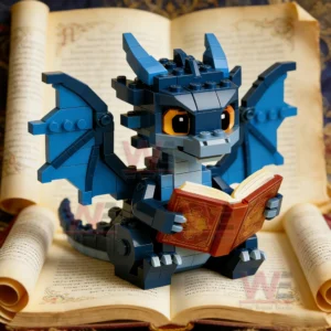 The Little Story Keeper Dragon Building Block Set 8 Blue dragon building block figure reading a book while sitting on an open old book!