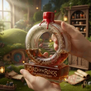 Hands holding a ring shaped fantasy whiskey bottle in a lush garden setting!