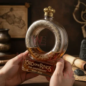 Hands holding a ring shaped anniversary whiskey bottle on a wooden desk!