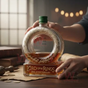 Ring shaped whiskey bottle with green cap held above a wooden surface!
