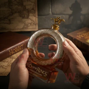 Hands holding a ring shaped whiskey bottle with a rider figure stopper!