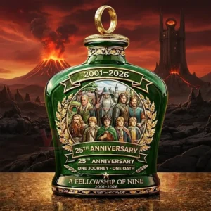 Green anniversary whiskey bottle with gold ring topper and fantasy hero artwork set against a volcano and dark tower backdrop!