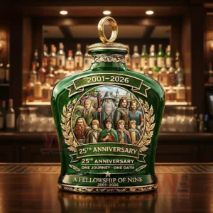 Green anniversary whiskey bottle with gold ring topper and fantasy character label displayed on a bar counter with a blurred bar background!