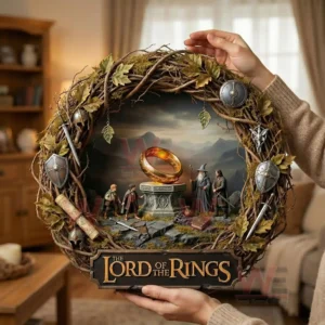 Decorative fantasy wreath featuring a central golden ring stone altar heroic characters swords shields and natural branches creating an epic mythical atmosphere!