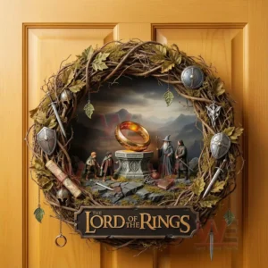 The Lord of the Rings Decoration Wreath Ornament 3 Fantasy door wreath with a golden ring centerpiece miniature characters ancient weapons leafy branches and a dramatic mythical background!