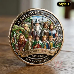 A fantasy commemorative coin showing a group of nine adventurers with anniversary text standing on a wooden table!
