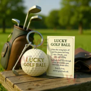 The Lucky Golf Ball Keychain 5 Golf ball keychain shown beside a golf bag and clubs on a wooden surface in a peaceful outdoor setting!