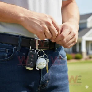 The Lucky Golf Ball Keychain 7 Golf ball keychain attached to a belt next to keys worn by a golfer outdoors!