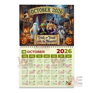 A halloween calendar page displaying muppet characters in costumes inside a spooky room filled with pumpkins and eerie decor!