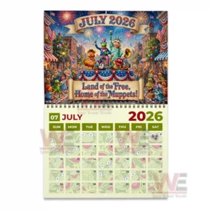 A july calendar page showcasing a vibrant parade with muppet characters and fireworks lighting up the sky!