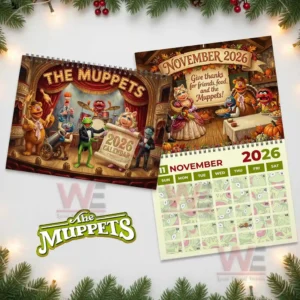 A calendar layout showing a stage themed cover and a thanksgiving illustration with muppet characters celebrating the autumn season!
