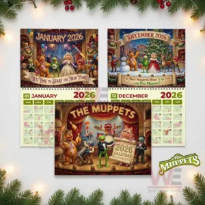 A display of multiple calendar pages highlighting seasonal scenes with muppet characters throughout the year!