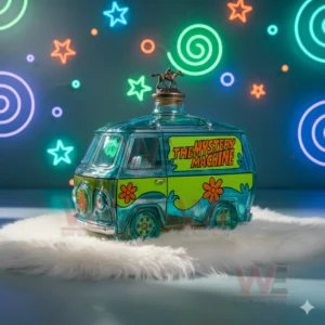 Mystery Machine van shaped glass bottle with colorful retro design on a white fur surface and neon lights behind it.