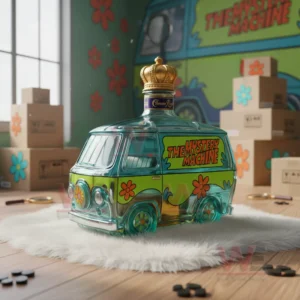 Mystery Machine van shaped glass bottle with a crown cap placed on a white rug in a decorated room.