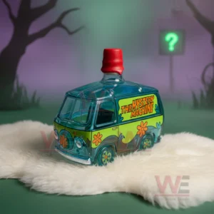 Mystery Machine van shaped glass bottle on a white fur surface with a dark forest themed background and glowing question mark.