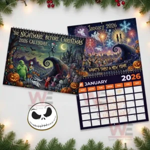 Nightmare Before Christmas twenty twenty six calendar cover next to January page with characters fireworks and pumpkins.