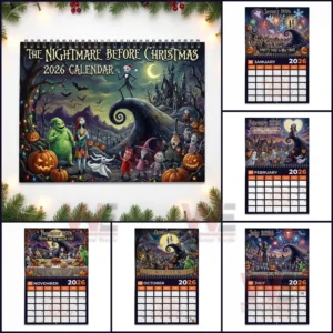 Collection of Nightmare Before Christmas twenty twenty six calendar pages arranged around the main cover.