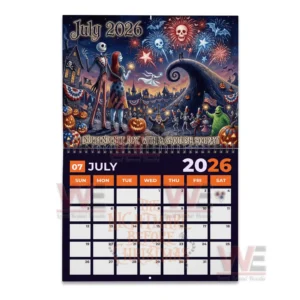 July twenty twenty six Nightmare Before Christmas calendar page with Jack Sally fireworks and pumpkins.