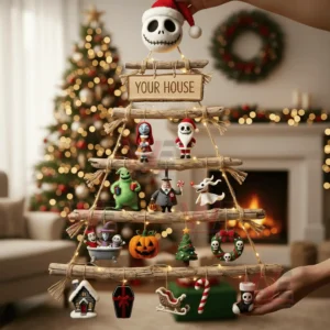 A decorative wooden branch tree hangs in a living room filled with themed character ornaments and warm seasonal lights!