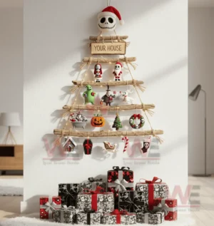 A wooden branch holiday tree with themed ornaments hangs on a white wall above stacked presents in a bright room!