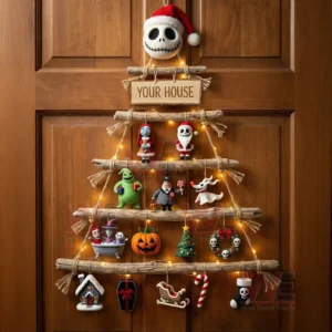 A wooden branch Christmas tree with spooky character ornaments and warm lights hangs on a wooden door!