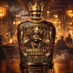 Decorative liquor bottle with crown top gold chain motif and illustrated hip hop legend in a glowing bar setting!