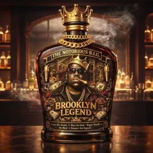 Brooklyn Legend liquor bottle with crown cap gold decorations and detailed portrait artwork on a bar counter!