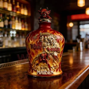 Iron Maiden themed whiskey bottle with flame design anniversary text and detailed artwork on a bar counter!