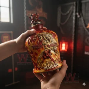 Hands holding an Iron Maiden anniversary whiskey bottle with devil topper flame artwork and dark room background!