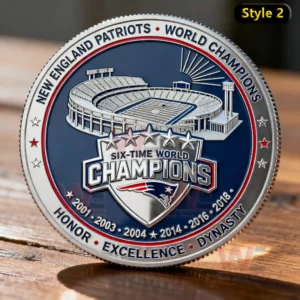 The Patriots 65th Anniversary Commemorative Coin 3 World championship commemorative coin with stadium artwork and multiple title references!