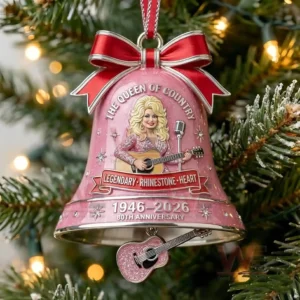 Pink bell ornament featuring a smiling country singer with a guitar and a dangling miniature guitar marking her eightieth anniversary!