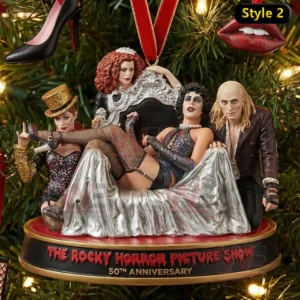 The Rocky Horror Picture Show 50th Anniversary Ornament 5 The image displays a Rocky Horror themed ornament showing key characters in elaborate outfits arranged on a couch.