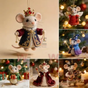 A felt mouse ornament wearing a crown and decorative royal outfit with arms raised and golden chains hanging from its hands.