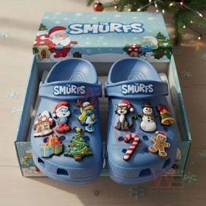 Light blue Smurfs clogs in a holiday box with multiple festive character charms!