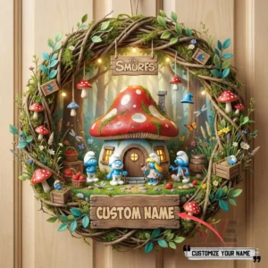 Woodland themed wreath with mushroom house blue characters plants and decorative lights!