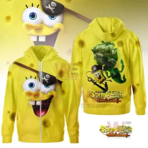 Yellow zip hoodie with SpongeBob pirate face on the front and an adventure ship scene on the back!