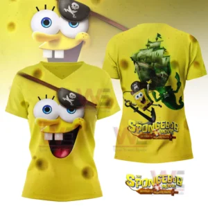 Yellow short sleeve shirt with SpongeBob pirate face and animated adventure artwork!