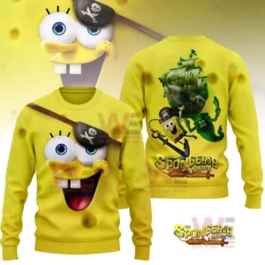 Yellow sweatshirt with SpongeBob pirate face and animated ship adventure artwork!