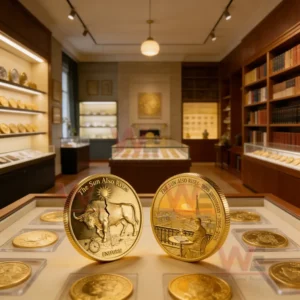 Two collectible coins displayed upright in a refined gallery room with shelves and display cases in the background!