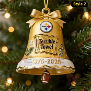 The Terrible Towel 50th Anniversary Bell Ornament 4 A gold Terrible Towel anniversary bell ornament with engraved details and a football charm hanging among green Christmas tree branches!